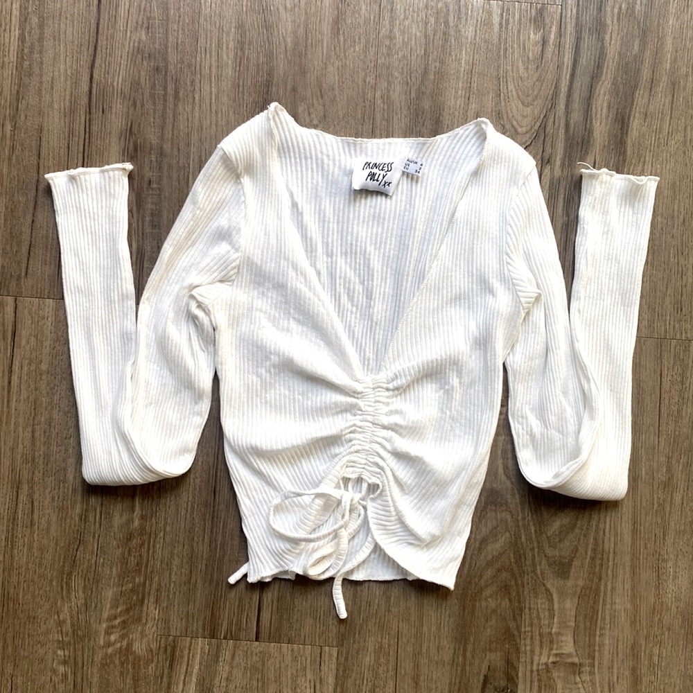 Princess polly Long Sleeve Top Women 2 Ribbed Scrunched White